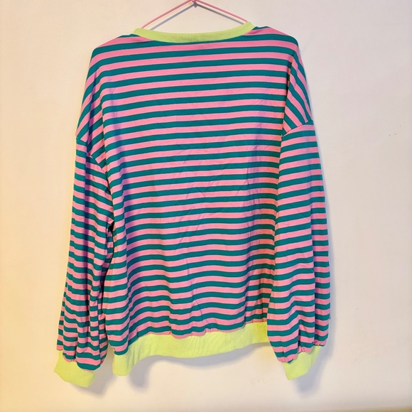 Oversized Casual Crew Neck Long Sleeve Sweater Contrast Pink Green Stripes Large - Picture 3 of 3